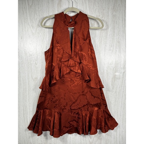 Cinq a Sept Maxine Silk Dress 10 Orange Jacquard Ruffle Designer Cocktail Chic - Picture 3 of 9